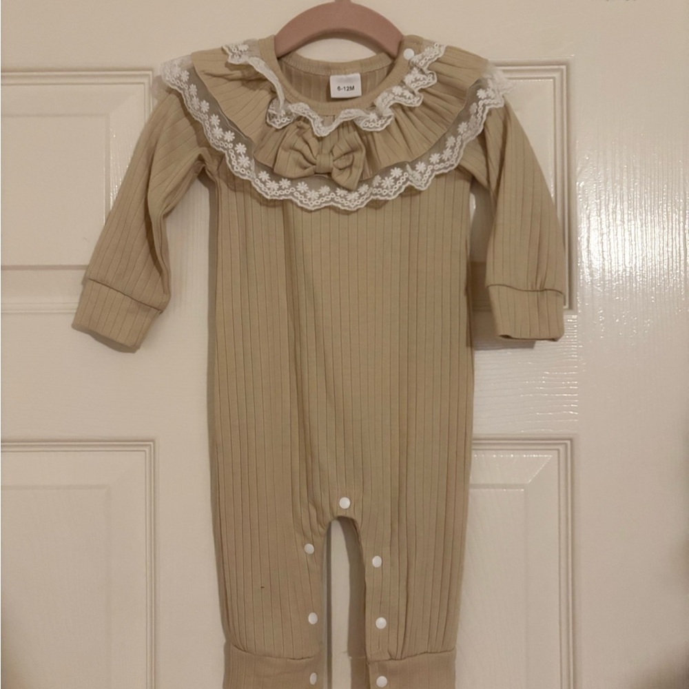 Adorable Tan Baby One Piece with Lace Trim